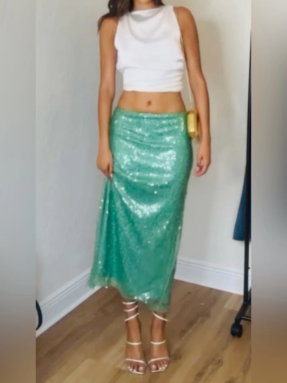 Zara NWT Sequined Sea Green Midi Skirt Size Large Occasions - Picture 3 of 16